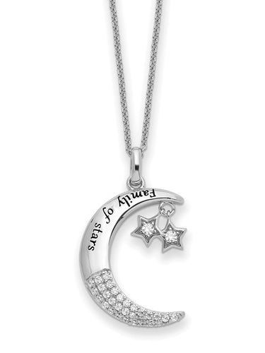 Prong set moon & star necklace with lab-made round brilliant melee diamonds by Diamond Essence set in platinum plated sterling silver. 0.30 Cts.t.w.
