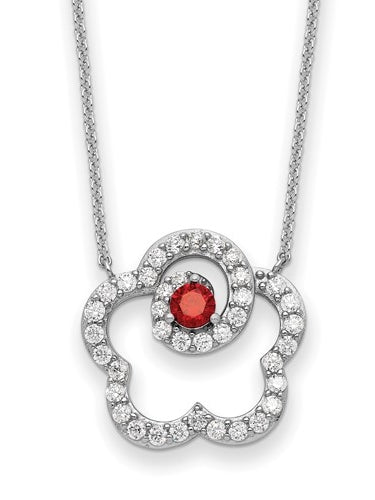 Diamond Essence Designer Pendant, with Round Brilliant melee and Garnet Essence set in artistic floral prong setting. 18" long chain in Platinum Plated Sterling Silver.
