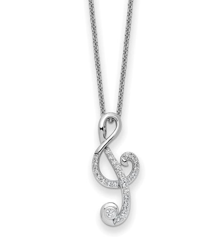 A prong set artificial round brilliant diamonds set on musical note pendant in platinum plated sterling silver. 1.0 Cts.t.w.
