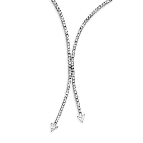 A dazzling four prongs set designer necklace for her with simulated round brilliant diamonds by Diamond Essence set in platinum plated sterling silver. 11 Cts.t.w.
