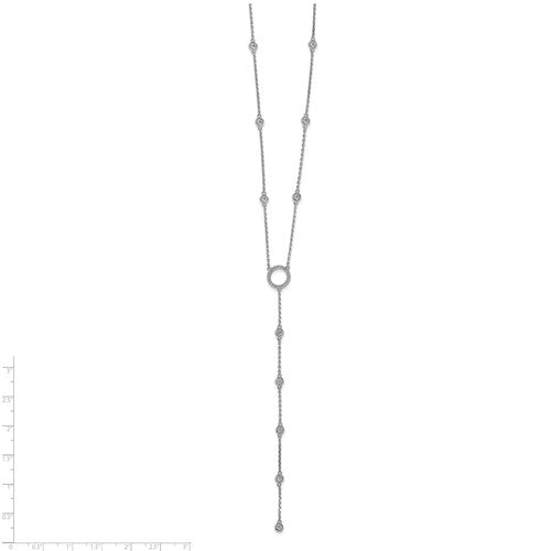 Lariat necklace with artificial brilliant round diamonds 1 Cts.t.w. 2.5mm in bezel set & 21, 1.2 mm round melee in platinum plated sterling silver.