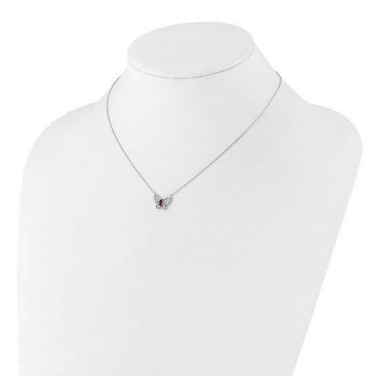 Silver Butterfly Necklace of faux ruby and diamond set on 16" long chain with 2 inch extension