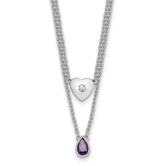 Bezel Set Diamond Heart and Amethyst Teardrop Two Strand Platinum Plated Sterling Silver Necklace