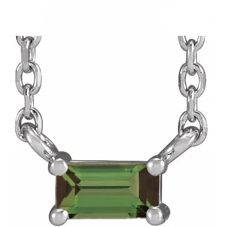 Women's single artificial green tourmaline straight baguette necklace by Diamond Essence set in platinum plated sterling silver. 0.25 Cts. t.w.