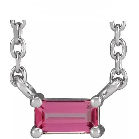Women's single artificial pink tourmaline straight baguette necklace by Diamond Essence set in platinum plated sterling silver. 0.25 Cts. t.w.
