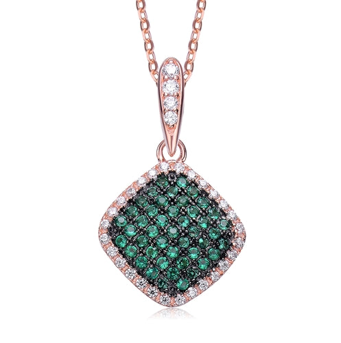 Diamond Essence Designer Pendant with Emerald Essence melee in pave setting, outlined with Diamond Essence melee,0.75 Cts.T.W in Rose Plated Sterling Silver.