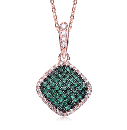 Diamond Essence Designer Pendant with Emerald Essence melee in pave setting, outlined with Diamond Essence melee,0.75 Cts.T.W in Rose Plated Sterling Silver.