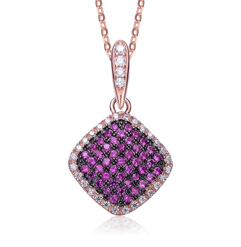 Diamond Essence Designer Pendant with Ruby Essence melee in pave setting, outlined with Diamond Essence melee,0.75 Cts.T.W in Rose Plated Sterling Silver.