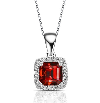 Designer Pendant With Ruby Essence Asscher cut stone in four prongs setting and surrounded by Diamond Essence Melee,1.50 Cts.T.W. in Platinum Plated Sterling Silver.