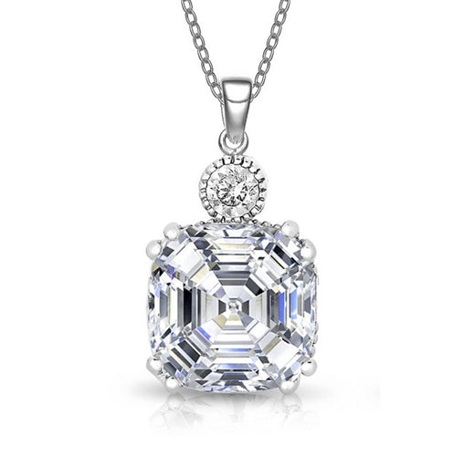 Diamond Essence Pendant With Asscher cut Stone in Platinum Plated Sterling Silver.
Approx Size: 9.2 mm width and 19 mm Length.