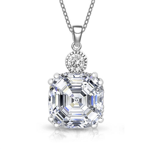 Diamond Essence Pendant With Asscher cut Stone in Platinum Plated Sterling Silver.
Approx Size: 9.2 mm width and 19 mm Length.