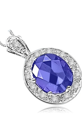 oval sapphire encircled by gems in silver pendant