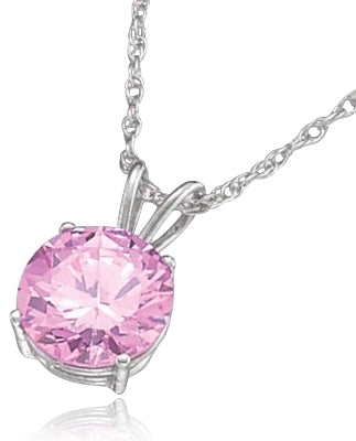 Diamond Essence lovely Pink Stone of 2.0 ct. set in Platinum Plated Sterling Silver four-prongs setting on 16" chain. (Also available in 14K Solid White Gold, Item# WPD1732).
Free Silver Chain Included.