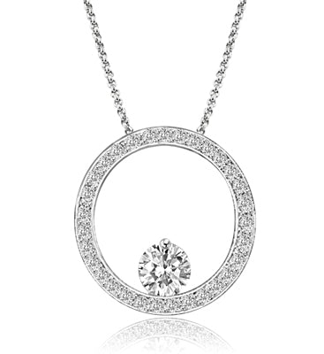 Platinum Plated Sterling Silver Circular Pendant. 0.50 Ct. Round Brilliant Diamond Essence balanced appealingly at the bottom of a circle made of Melee, 1.20 Cts.T.W.