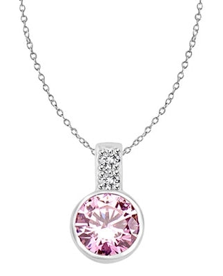 Platinum Plated Sterling Siver Pendant, 2.06 cts. In all with a 2.0 cts. Bezel-Set Round cut Pink Essence Bezel Set center.