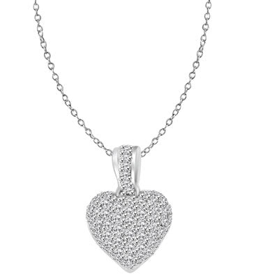 Craftman's delight Heart Pendant with micro pave set Diamond Essence accents shining your love like never before. There are tiny accents on the bale to highlight the overall glory effect. 2.5 Cts. T.W. set in Platinum Plated Sterling Silver.