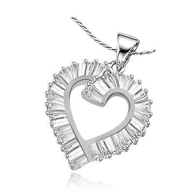 Light-catching baguettes pave our tender open-heart pendant. 3.0 cts. t.w. in Platinum Plated Sterling Silver.