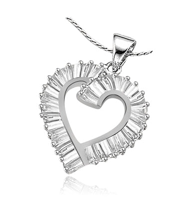 Light-catching baguettes pave our tender open-heart pendant. 3.0 cts. t.w. in Platinum Plated Sterling Silver.