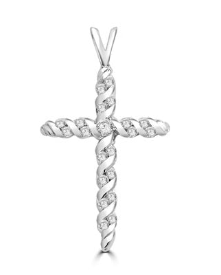 Diamond Essence round stones set in spiral gold twists to make this beautiful cross pendant. 0.45 ct.t.w. in Platinum plated sterling silver.