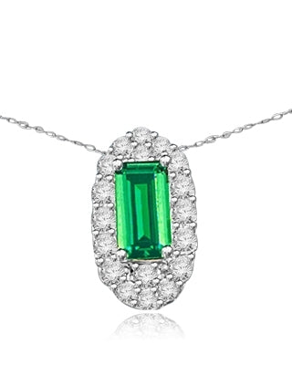 Emerald City Pendant with a 3.0 Cts. Emerald Cut Emerald Essence center surrounded by fiery Round Cut Diamond Essence Stones, 3.30 Cts. T.W. in Platinum Plated Sterling Silver.
Free Silver Chain Included.
