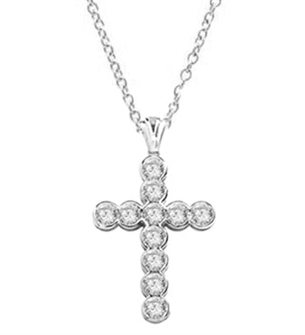 Show your spirit with a heavy, solid cross pendant made with Round Diamond Essence stones 1.5 Cts. each Delightfully Dazzling 2-1/4"H and 1-3/4"W. Chain Not Included.
