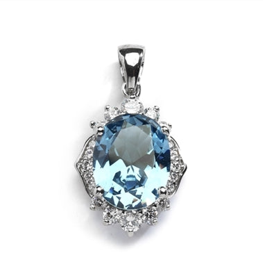 Platinum plated silver pendant-melee,aquamarine&round stone