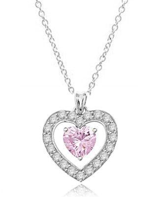 Three carat heart shape Pink Essence stone in prong setting, is surrounded by round brilliant Diamond Essence stones, making another heart. 4.0 cts.t.w. in Platinum Plated Sterling Silver.
