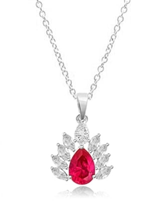 Prong Set Designer Pendant with Simulated Pear Cut Ruby Essence and Brilliant Marquise Diamonds by Diamond Essence set in Sterling Silver