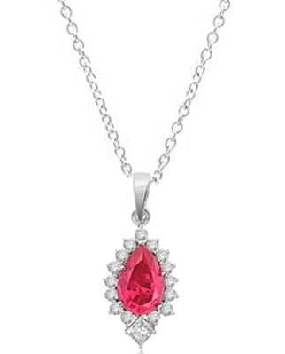 Prong Set Pendant with Simulated Pear Cut Ruby Center, Brilliant Melee and Princess Cut Diamonds by Diamond Essence set in Sterling Silver