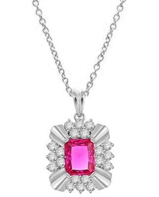 Diamond Essence 4 carat Ruby Emerald cut stone supported by silver bars on four corners and group of five round brilliant stones on each side. 6 cts.t.w. set in Platinum Plated Sterling Silver.