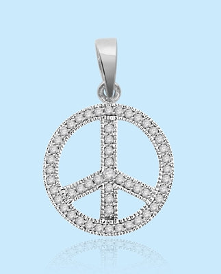 PEACE Sign Pendant. Platinum Plated Sterling Silver Pendant, channel set Round Brilliant Diamond Essence stones sparkling bright and spreading peace everywhere. 1.00 ct.t.w.