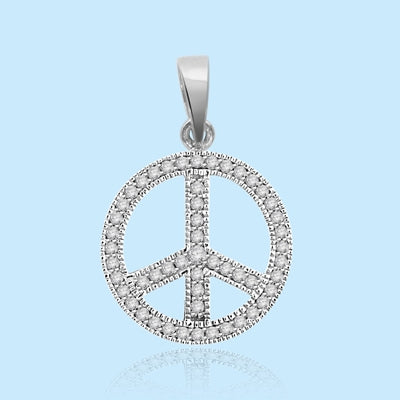 PEACE Sign Pendant. Platinum Plated Sterling Silver Pendant, channel set Round Brilliant Diamond Essence stones sparkling bright and spreading peace everywhere. 1.00 ct.t.w.