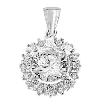 Designer Pendant with 4.0 Cts Round Brilliant Diamond Essence in center surrounded by alternately set in Princess and Melee. 7.25 Cts T.W. in Platinum Plated Sterling Silver.
Free Silver Chain Included.