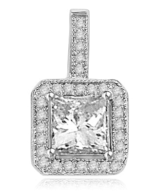 Pretty Princess Cut Diamond Essence centerpiece,surrounded by Round Brilliant Melee in Designer Pendant. 2.0 Cts. T.W. set in Platinum Plated Sterling Silver.