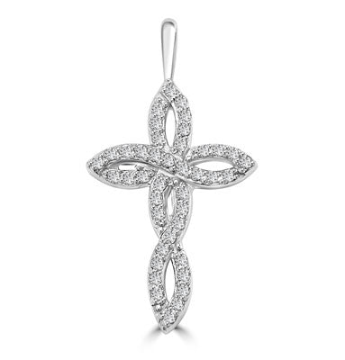 Diamond Essence 1" long Cross Pendant with delicate interwined design, 0.60 ct.t.w. in 14K Solid White Gold.