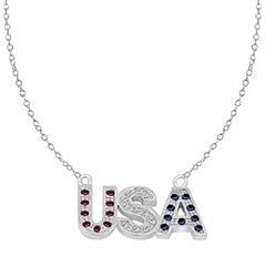 Let the patriotism show this season. Diamond Essence Pendant with Round Ruby, Sapphire and Brilliant Stones, In Platinum Plated Sterling Silver with Chain.