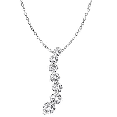 Diamond Essence Journey Pendant of 7 Round Brilliant Graduated Stones set in Platinum Plated Sterling Silver, 5.0 Cts.T.W. (Also available in 14K Solid White Gold, Item#WPE1702).
Free Silver Chain Included.