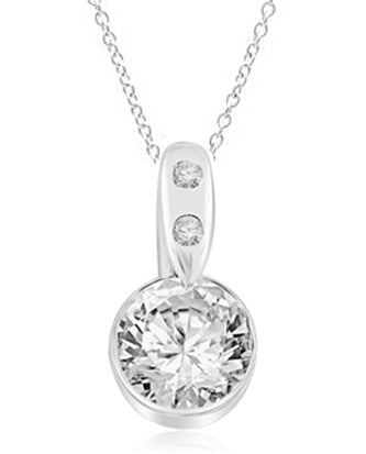 Diamond Essence 2.0 carat round brilliant stone set in bezel setting of Platinum Plated Sterling Silver. Chain not included.