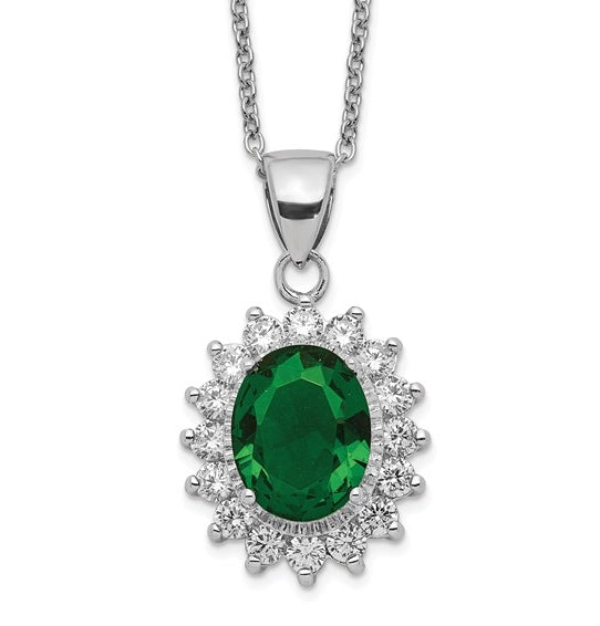 Platinum Plated Sterling Silver Diamond Essence Pendant With Emerald Essence Oval Cut Center Surrounded By Round Brilliant Melee, 3 Cts.T.W.