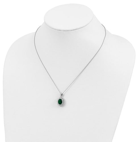 Platinum Plated Sterling Silver Diamond Essence Pendant With Emerald Essence Oval Cut Center Surrounded By Round Brilliant Melee, 3 Cts.T.W.