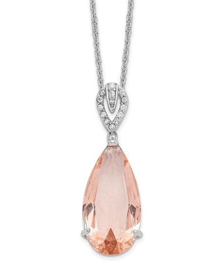 Diamond Essence Designer Morganite Pear Essence pendant and Melee On the Bail, 7.20 Cts.T.W. In Platinum Plated Sterling Silver.
Approx Size 28mm Length And 10mm Width.