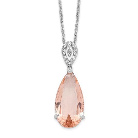 Diamond Essence Designer Morganite Pear Essence pendant and Melee On the Bail, 7.20 Cts.T.W. In Platinum Plated Sterling Silver.
Approx Size 28mm Length And 10mm Width.