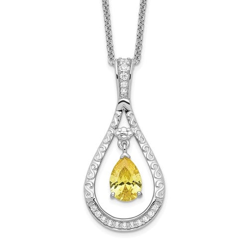 An exquisite prong-set designer teardrop pendant for women with pear cut citrine essence and round brilliant Diamonds by Diamond Essence set in platinum-plated sterling silver. 1.10 Cts.t.w.
