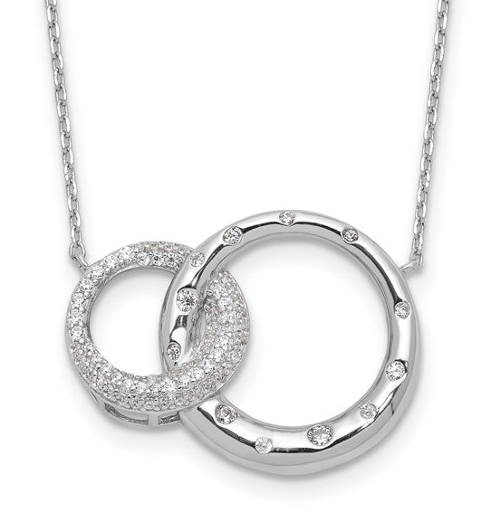 Interlocking circles with Diamond essence round brilliant stones in silver necklace.