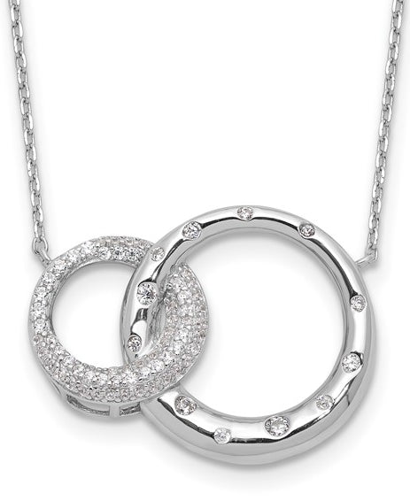 Interlocking circles with Diamond essence round brilliant stones in silver necklace.