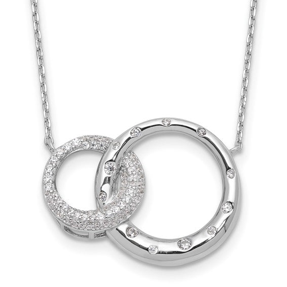 Interlocking circles with Diamond essence round brilliant stones in silver necklace.