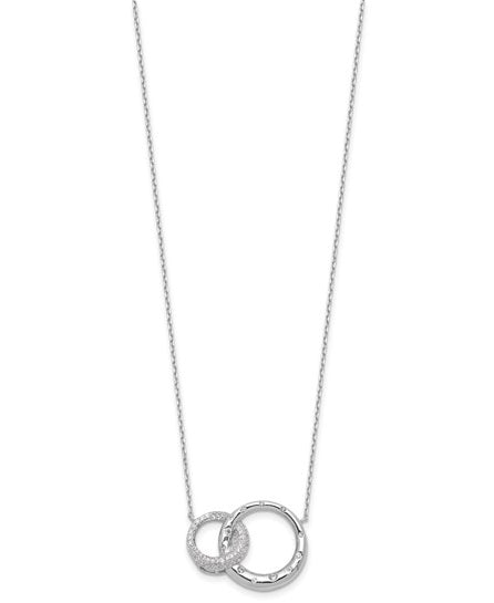 Interlocking circles with Diamond essence round brilliant stones in silver necklace.