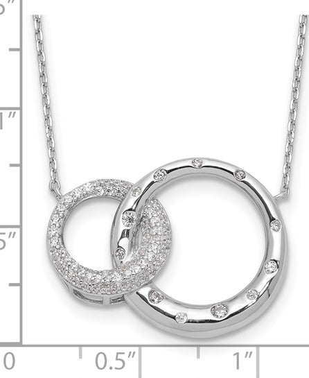 Interlocking circles with Diamond essence round brilliant stones in silver necklace.