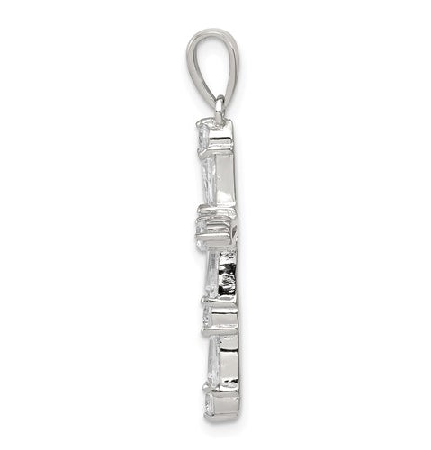 Beautiful designer cross pendant with Diamond Essence tapered baguettes and round stones, 2.0 cts.t.w. set in Platinum Plated Sterling silver.
Free silver chain included.
