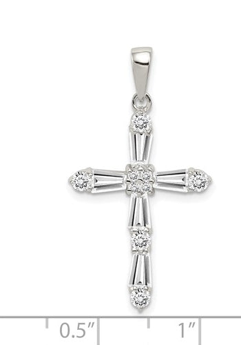 Beautiful designer cross pendant with Diamond Essence tapered baguettes and round stones, 2.0 cts.t.w. set in Platinum Plated Sterling silver.
Free silver chain included.